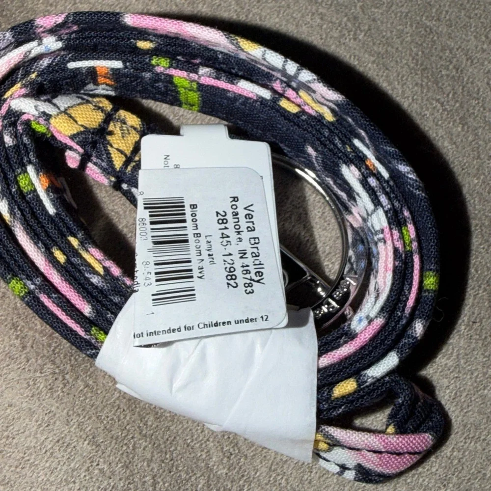 Vera Bradley Lanyard Bloom Boom Navy Floral Quilted Cotton ID Key Holder NEW
